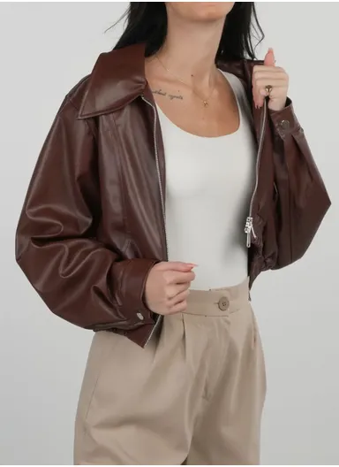 Elastic Waist Leather Jacket - Brown
