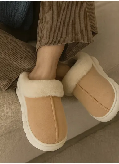 Anti-Slip PVC Plush Faux Fur Winter Slipper with Soft Fleece Lining, Soft &amp; Skin-Friendly Sole Warm Winter Slippers For Men- Light Beige