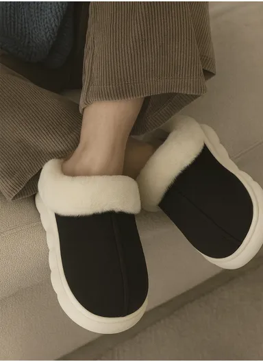Anti-Slip PVC Plush Faux Fur Winter Slipper with Soft Fleece Lining, Soft &amp; Skin-Friendly Sole Warm Winter Slippers For Men- Black