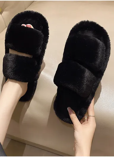 Anti-Slip PVC rabbit Fur Winter Slipper with Soft Fleece Lining, Soft &amp; Skin-Friendly Sole Warm Winter Slippers For Women - Black