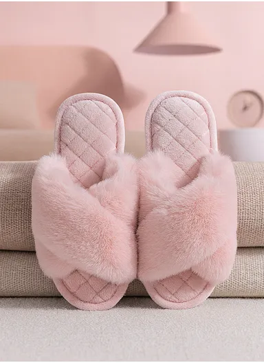 Women’s Cross Strap Plush Faux Fur Indoor Slippers with Soft Memory Foam &amp; Anti-Slip Sole – Pink