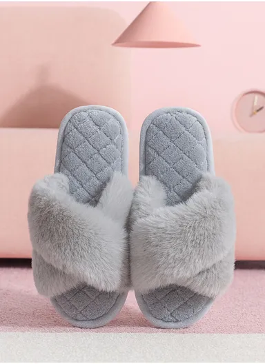 Women’s Cross Strap Plush Faux Fur Indoor Slippers with Soft Memory Foam &amp; Anti-Slip Sole – Grey