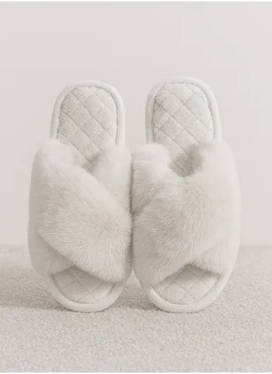 Women’s Cross Strap Plush Faux Fur Indoor Slippers with Soft Memory Foam &amp; Anti-Slip Sole – White