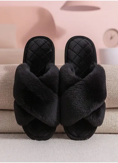 Women’s Cross Strap Plush Faux Fur Indoor Slippers with Soft Memory Foam &amp; Anti-Slip Sole – Black