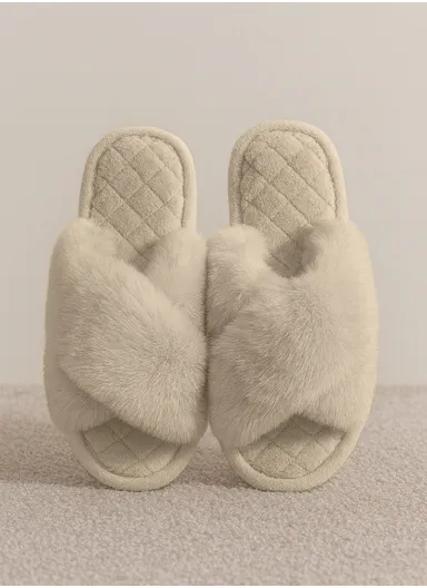 Women’s Cross Strap Plush Faux Fur Indoor Slippers with Soft Memory Foam &amp; Anti-Slip Sole – Beige