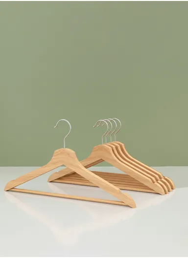 5 Pieces Wooden Clothes Hangers Set 44.5 x 1.2 x 23 cm with Swivel Hook and Non- Slip Shoulder Notch - Natural