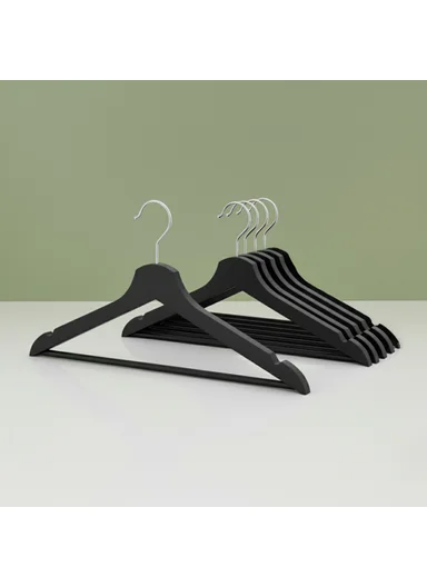 5 Pieces Wooden Clothes Hangers Set 44.5 x 1.2 x 23 cm with Swivel Hook and Non- Slip Shoulder Notch - Black