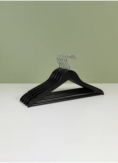 5 Pieces Wooden Clothes Hangers Set 44.5 x 1.2 x 23 cm with Swivel Hook and Non- Slip Shoulder Notch - Black