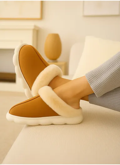 Anti-Slip PVC Plush Faux Fur Winter Slipper With Soft Fleece Lining, Soft &amp; Skin-Friendly Sole Warm Winter Slippers For Women - Brown