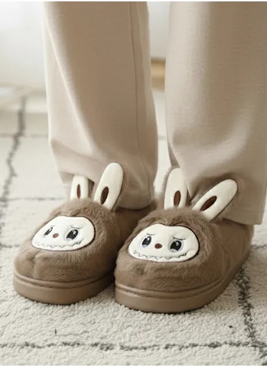 Labubu Anti-Slip EVA Plush Faux Fur Winter Slipper with Soft Fleece Lining, Soft &amp; Skin-Friendly Sole Warm Winter Slippers for Women - Brown