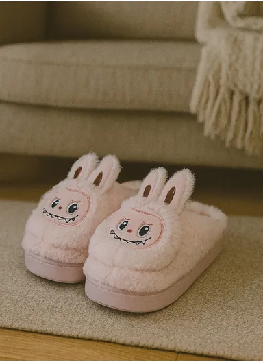 Labubu Anti-Slip EVA Plush Faux Fur Winter Slipper with Soft Fleece Lining, Soft &amp; Skin-Friendly Sole Warm Winter Slippers for Women - Pink
