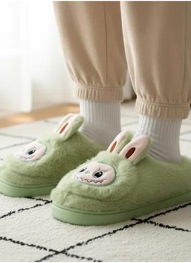 Labubu Anti-Slip EVA Plush Faux Fur Winter Slipper with Soft Fleece Lining, Soft &amp; Skin-Friendly Sole Warm Winter Slippers for Women - Green