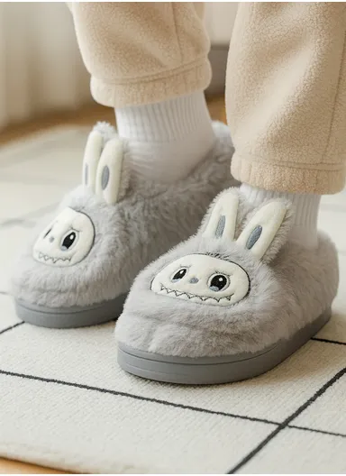 Labubu Anti-Slip EVA Plush Faux Fur Winter Slipper with Soft Fleece Lining, Soft &amp; Skin-Friendly Sole Warm Winter Slippers for Women - Grey
