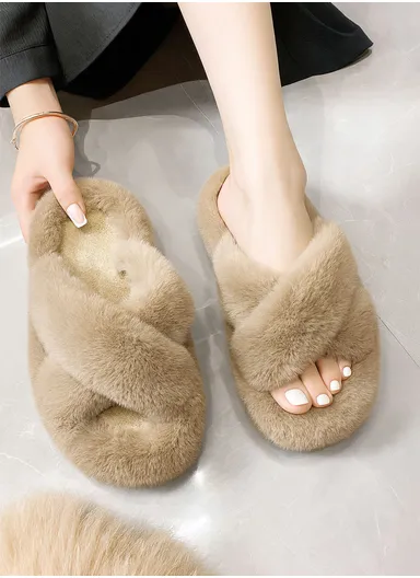 Warm &amp; Comfy Open-Toe Slippers with Faux Fur Lining - Light Brown
