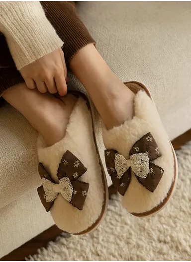 Anti-Slip PVC Plush Faux Fur Winter Slipper, Soft &amp; Skin-Friendly Sole Warm Winter Slippers For Women - White Brown