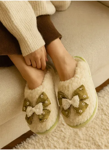 Anti-Slip PVC Plush Faux Fur Winter Slipper, Soft &amp; Skin-Friendly Sole Warm Winter Slippers For Women - Green