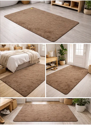 90x150cm Plush Polyester Carpet With Embossed Geometric Texture &amp; Anti-Slip Backing - Brown