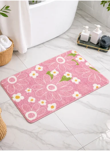 60x40cm Floral Pattern Bathroom Mat With Soft Microfiber Feel - Pink