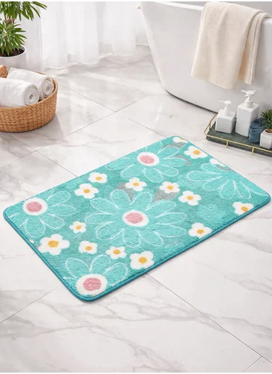 60x40cm Floral Pattern Bathroom Mat With Soft Microfiber Feel - Aqua Blue