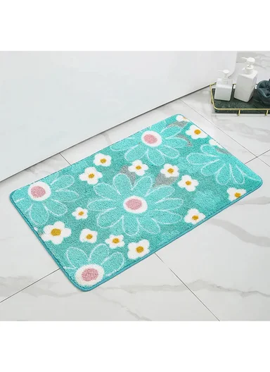 60x40cm Floral Pattern Bathroom Mat With Soft Microfiber Feel - Aqua Blue