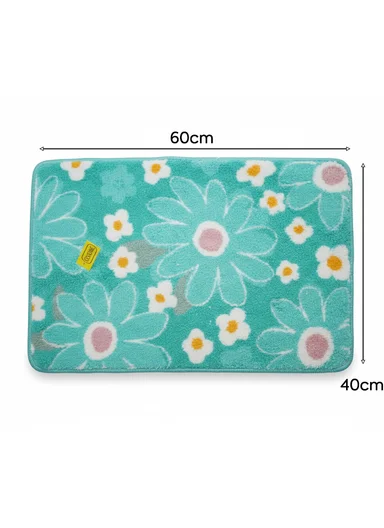 60x40cm Floral Pattern Bathroom Mat With Soft Microfiber Feel - Aqua Blue