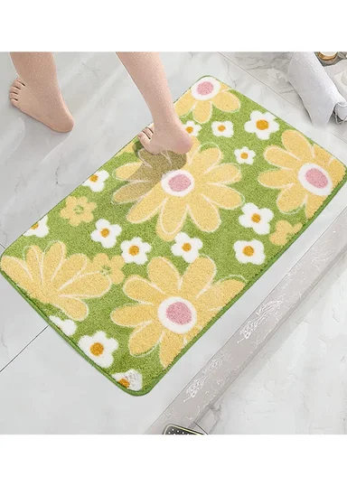 60x40cm Floral Pattern Bathroom Mat With Soft Microfiber Feel - Green