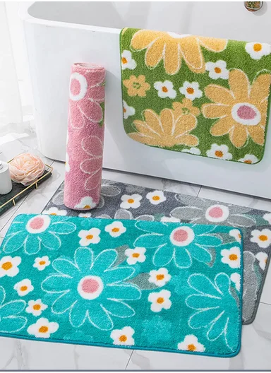 60x40cm Floral Pattern Bathroom Mat With Soft Microfiber Feel - Green