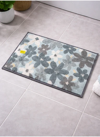 80x50cm Microfiber Bathroom Mat with Floral Pattern &amp; Soft Microfiber Backing - Grey