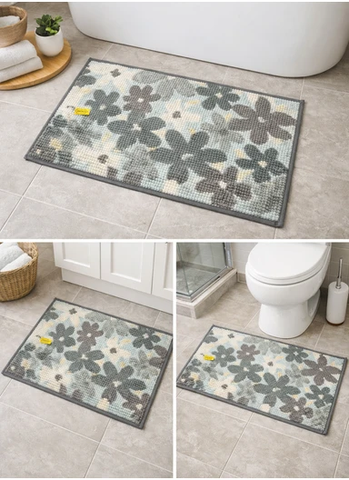 80x50cm Microfiber Bathroom Mat with Floral Pattern &amp; Soft Microfiber Backing - Grey