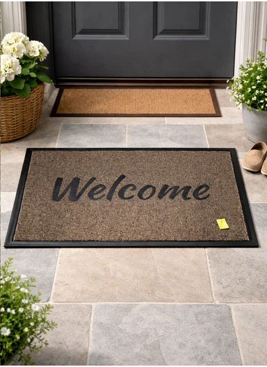 60x90cm Welcome Doormat, Durable Textured PVC Floor Mat with Non-Slip Backing - Dark Beige