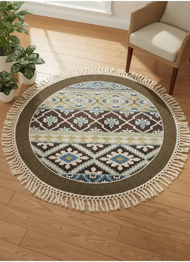 120cm Round Bohemian Cozy Winter Carpet with Fringe