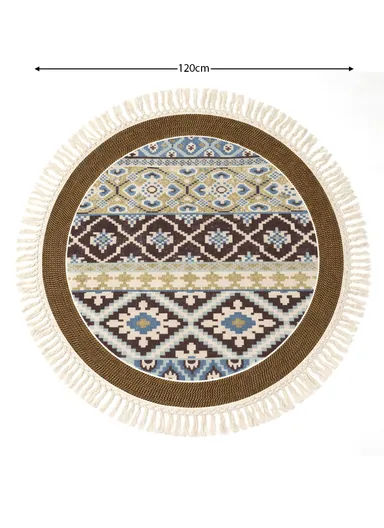 120cm Round Bohemian Cozy Winter Carpet with Fringe