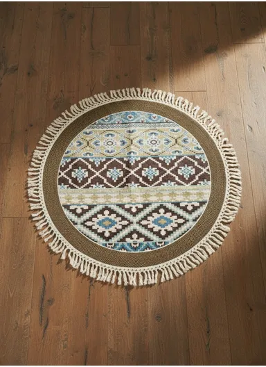 120cm Round Bohemian Cozy Winter Carpet with Fringe