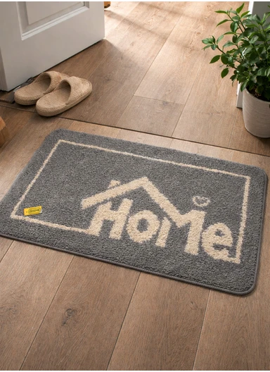 80x50cm Comfort Bath Mat With Home Text Design, Non-Slip &amp; Absorbent - Light Grey