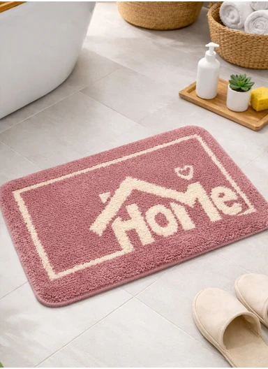 80x50cm Comfort Bath Mat With Home Text Design, Non-Slip &amp; Absorbent - Pink