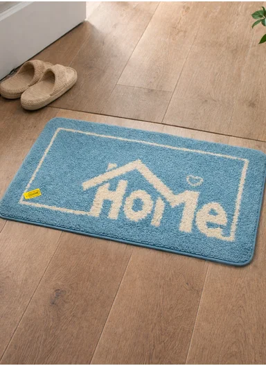 80x50cm Comfort Bath Mat With Home Text Design, Non-Slip &amp; Absorbent - Blue
