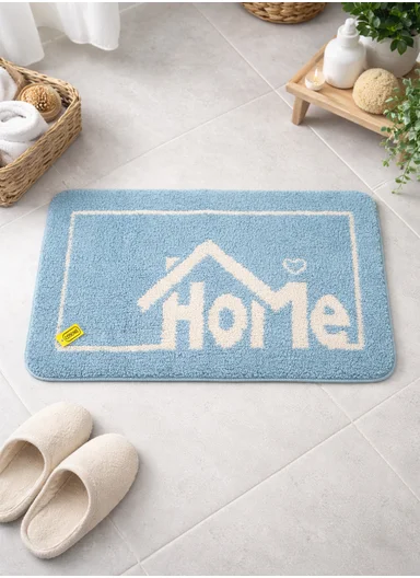 80x50cm Comfort Bath Mat With Home Text Design, Non-Slip &amp; Absorbent - Blue