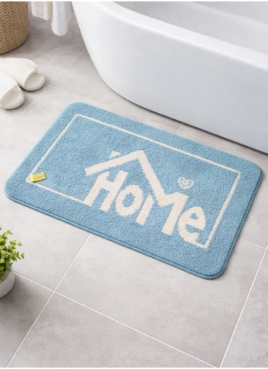80x50cm Comfort Bath Mat With Home Text Design, Non-Slip &amp; Absorbent - Blue