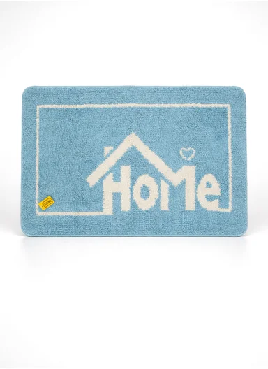 80x50cm Comfort Bath Mat With Home Text Design, Non-Slip &amp; Absorbent - Blue