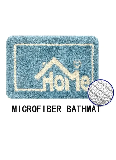80x50cm Comfort Bath Mat With Home Text Design, Non-Slip &amp; Absorbent - Blue