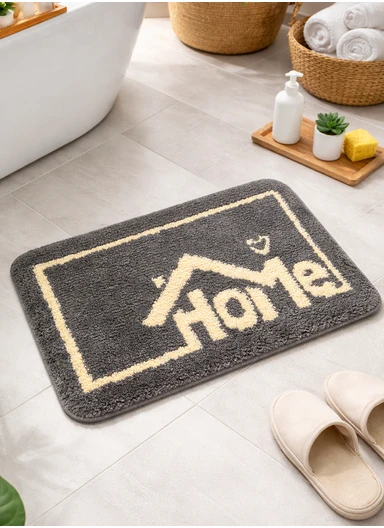80x50cm Comfort Bath Mat With Home Text Design, Non-Slip &amp; Absorbent - Grey