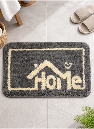 80x50cm Comfort Bath Mat With Home Text Design, Non-Slip &amp; Absorbent - Grey