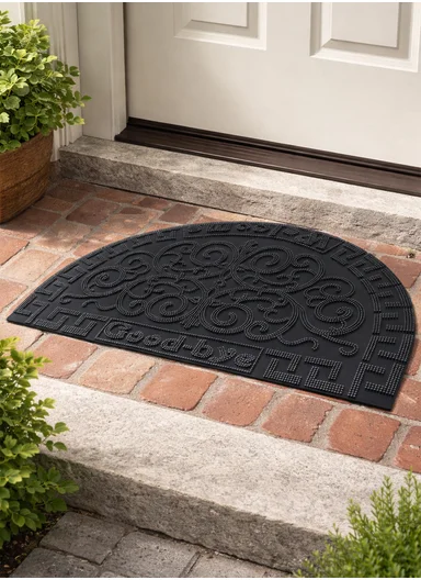 38×58cm Semi-Circle Entrance Doormat With Decorative Pattern - Black