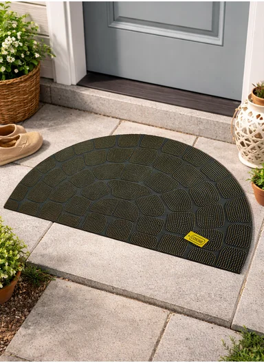 45x75cm Semi-Circle Anti-Slip Entrance Floor Mat With Stone-Pattern Texture - Black