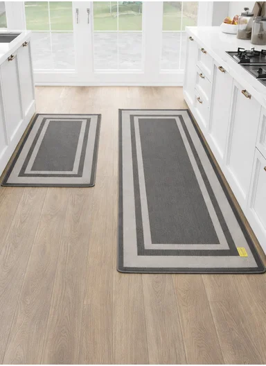 12mm 2-Pieces Textured Stripe Design Anti-Slip Kitchen Floor Mat Set - Dark Grey