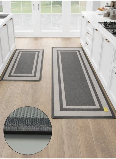 12mm 2-Pieces Textured Stripe Design Anti-Slip Kitchen Floor Mat Set - Dark Grey