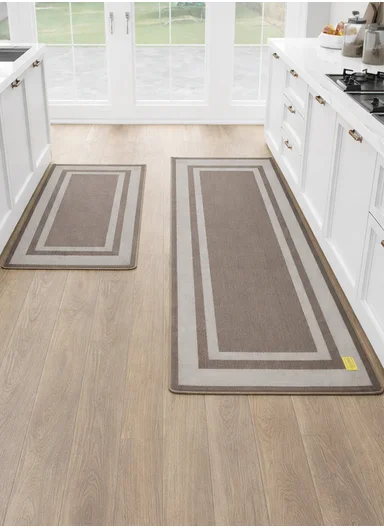 12mm 2-Pieces Textured Stripe Design Anti-Slip Kitchen Floor Mat Set - Brown
