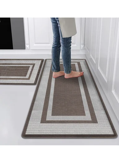 12mm 2-Pieces Textured Stripe Design Anti-Slip Kitchen Floor Mat Set - Brown