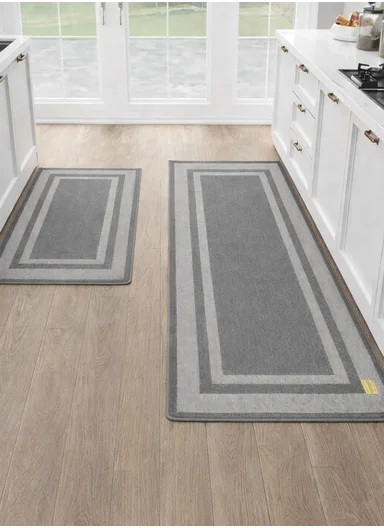 9mm 2-Pieces Textured Stripe Design Anti-Slip Kitchen Floor Mat Set - Grey
