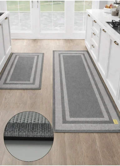 9mm 2-Pieces Textured Stripe Design Anti-Slip Kitchen Floor Mat Set - Grey